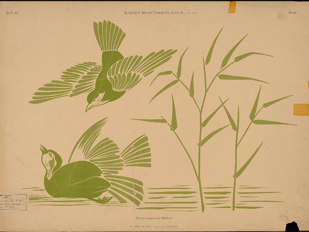 Lámina de fondo claro, con la silueta de pájaros y ramas verdes.