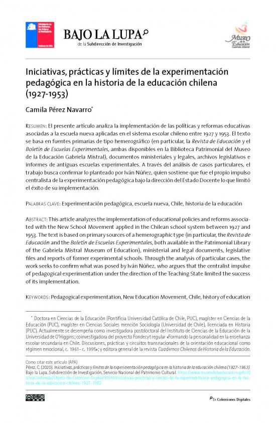Iniciativas, prácticas y límites de la experimentación pedagógica en la historia de la educación chilena (1927-1953)