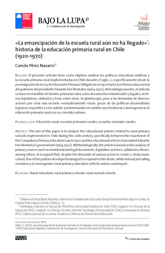 «La emancipación de la escuela rural aún no ha llegado». Historia de la educación primaria rural en Chile (1920-1970)